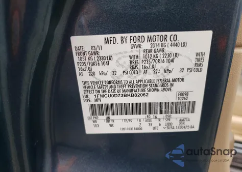 2011 Ford Escape Xlt from USA, damaged, VIN 1FMCU0D73BKB82062